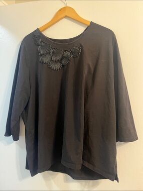 TanJay Black Long-Sleeve Top with Floral Appliqué